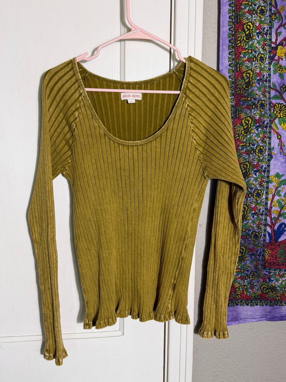 Knox Rose Chartreuse Olive Ribbed Long Sleeve Top Stretch Knit Women's L
